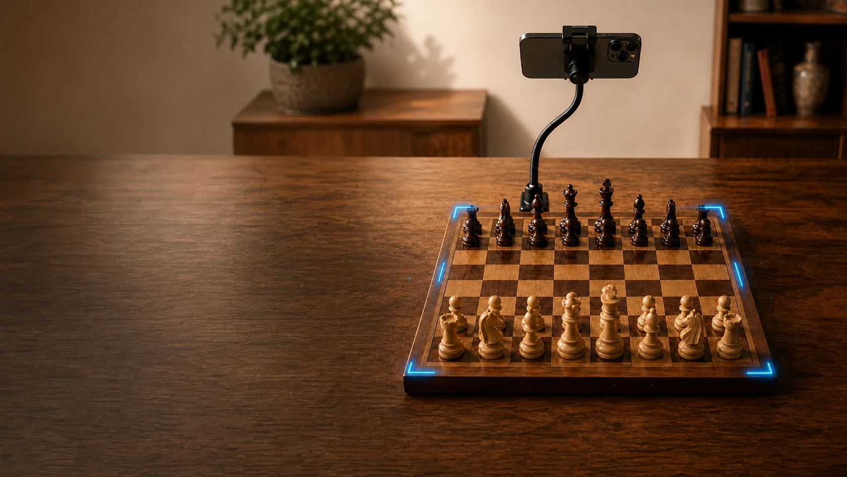 An iPhone on a stand above a wooden chess board, following the game