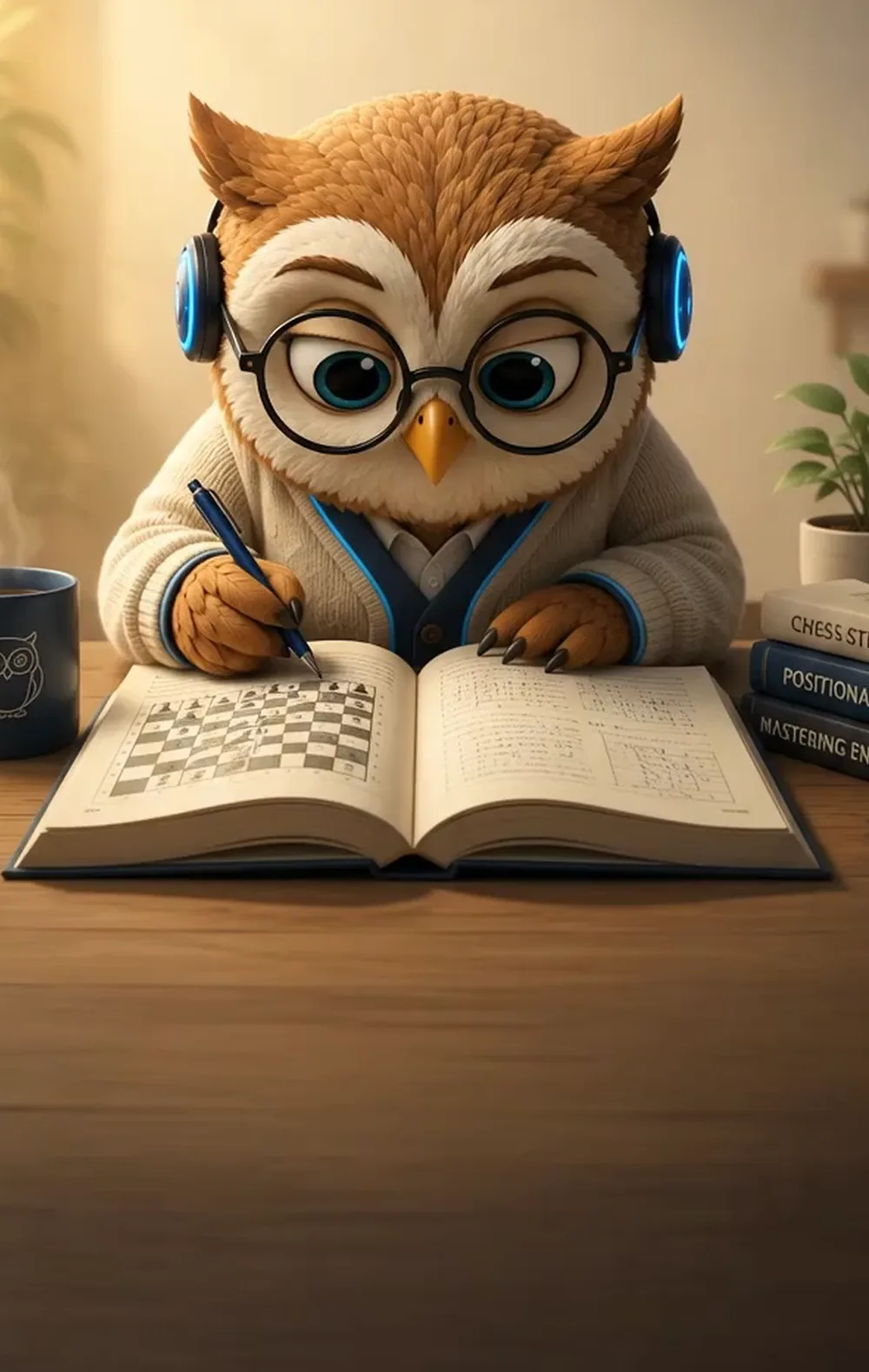 Eloqi's owl coach studying a chess position
