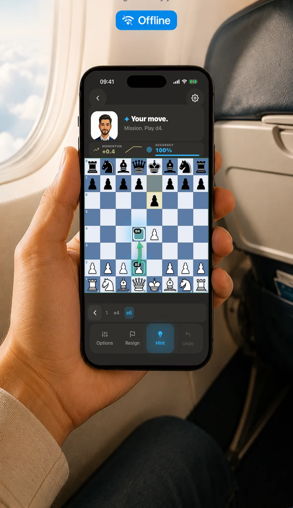 Eloqi running offline on an iPhone during a flight